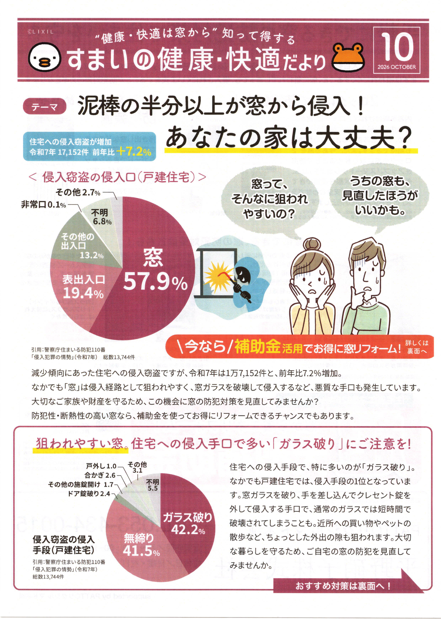 泥棒の半分以上が窓から侵入！住宅への侵入盗が増加 すまいの健康・快適だより 2026.10月号より